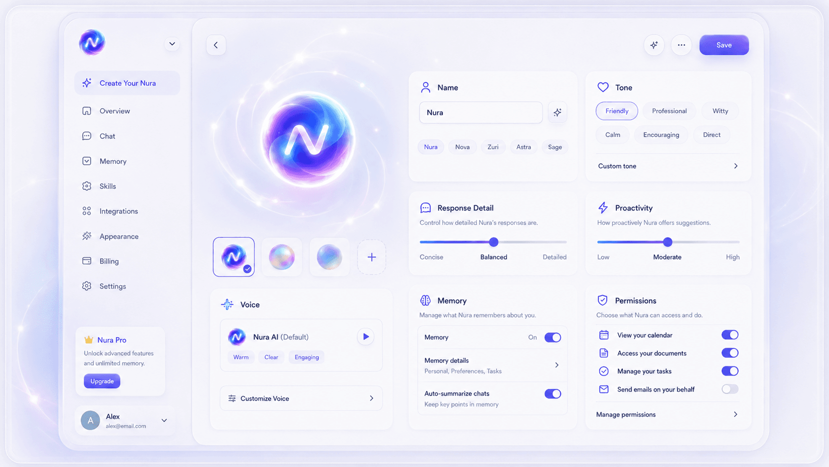 NURA AI customization controls for identity, tone, response detail, voice, memory, and permissions