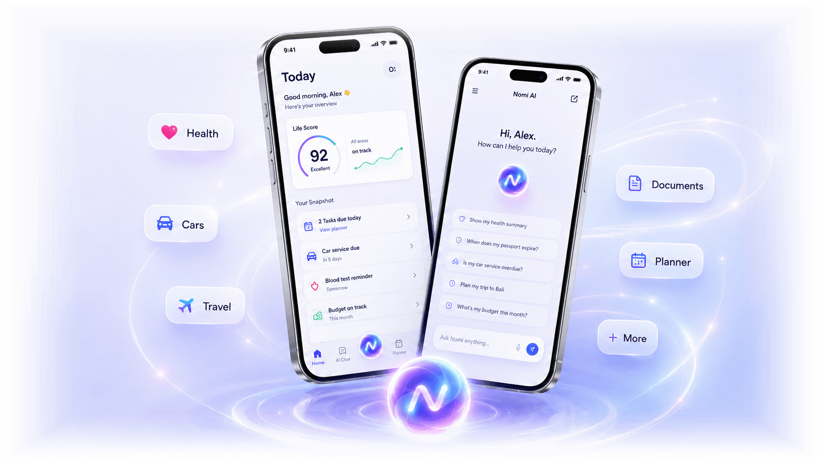 NURA AI mobile app with the Today dashboard and personal AI assistant