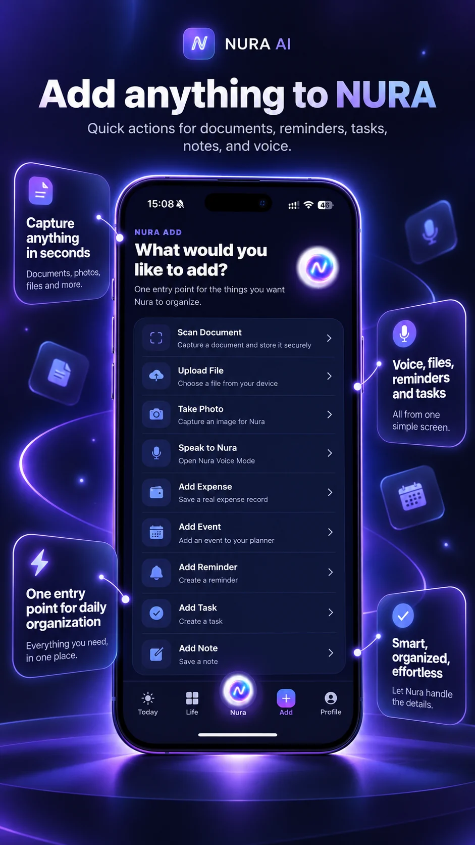 NURA AI Add Anything app showcase: scan a document, upload a file, speak, create an event, task or reminder