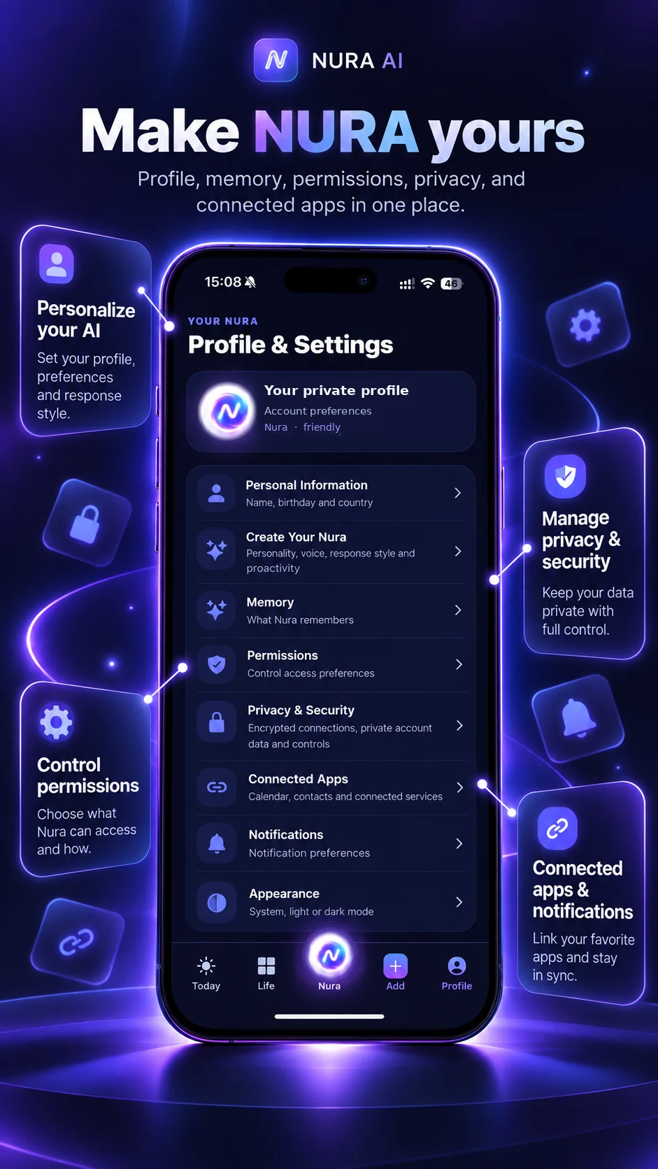 NURA AI personalized profile and settings showcase with memory, privacy, permissions and preferences